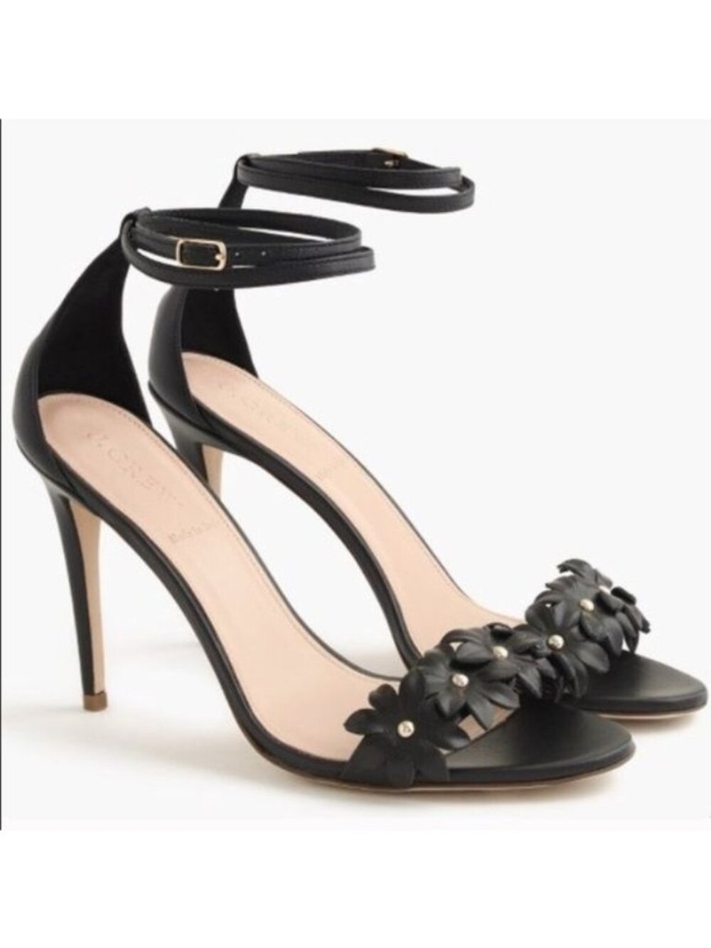 J. CREW Black Leather‎ 3-D Floral Ankle Wrap Open Toe Stiletto Sandals Size 9